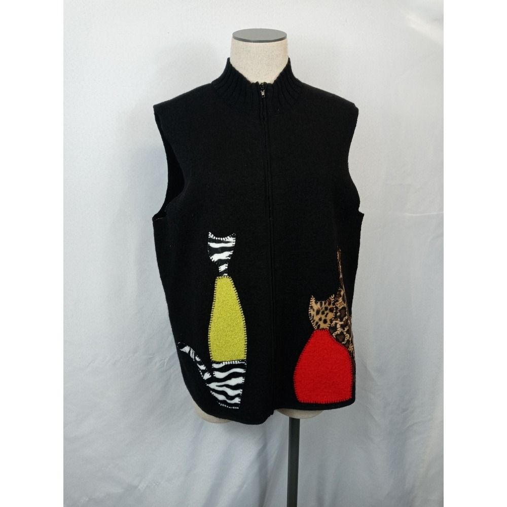 Coldwater Creek Black Zip Sweater Vest L Large Cat Applique Art to Wear Whimsica